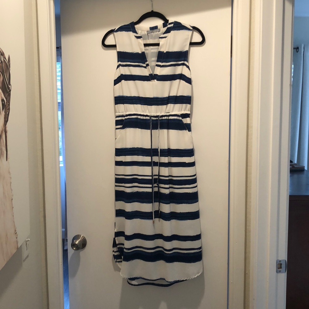 Blue and white lined midi dress